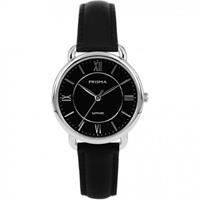 Prisma Zilverkleurig Dames Horloge met Zwart Lederen Horlogeband