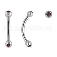 Piercings.nl Banana 1.2 mm chirurgisch staal met paars kristal 10 mm + 3 mm bal