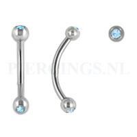 Piercings.nl Banana 1.2 mm chirurgisch staal met aquamarijn kristal 10 mm + 3 mm bal