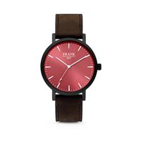 Frank 1967 Horloge van met rode wijzerplaat en donkerbruine horlogeband zwart