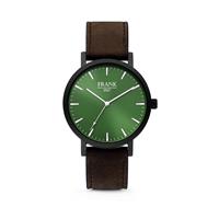 7FW-0012 - Stalen horloge met lederen band - groen en donkerbruin - Ø 42 mm