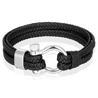 mendes Nautische heren armband Leer Edelstaal Zwart Zilverkleurig - 19cm