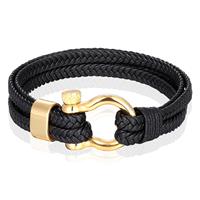 mendes Nautische heren armband Leer Edelstaal Zwart Goudkleurig - 21cm