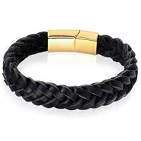 lgtjwls Heren armband LGT Jewels Gevlochten Leer Edelstaal Zwart Goudkleurig-23cm