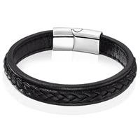 lgtjwls LGT Jewels Heren Armband Zwart Leer Gevlochten Edelstaal Sluiting-19cm