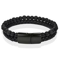 Memphis Heren armband zwart leer Agaat kralen Edelstaal magneet sluiting - 20.5cm