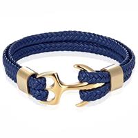 tomjaxon Tom Jaxon Heren armband Anker gevlochten Leer Goudkleurig Blauw - 20cm