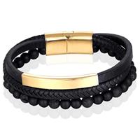 memphis Heren armband  Agaat kraal gevlochten leer Goudkleurig Zwart - 21cm