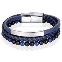 memphis Heren armband  Tijgeroog kraal gevlochten leer Zilverkleurig Blauw - 19cm