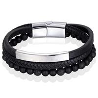 memphis Heren armband  Agaat kraal gevlochten leer Zilverkleurig Zwart - 19cm