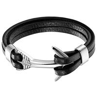 mendes Leren Anker armband Mannen  Edelstaal Zilverkleurig Zwart