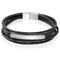 mendes Heren Armband Zwart Leer Edelstaal ID Graveerplaat Zilverkleurig-19cm