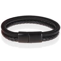 tomjaxon Heren armband Tom Jaxon Gevlochten Leer en Staal Zwart-21cm