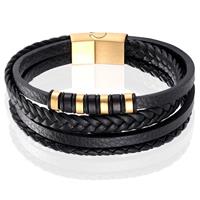 Mendes Leren heren armband Multi  Edelstaal Goudkleurig Zwart-18.5cm