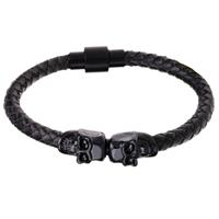 LGT JWLS LGT Jewels Leren armband Edelstaal Twin Skull Zwart