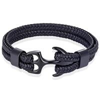 Tom Jaxon Heren armband Anker gevlochten Leer Zwart - 20cm