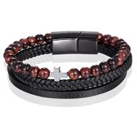 Memphis Heren armband  Tijgeroog kraal gevlochten leer Kruis Zwart Bruin - 21cm