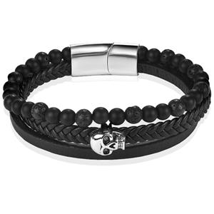 Memphis Heren armband  Agaat Skull Gevlochten Leer Zwart-22cm