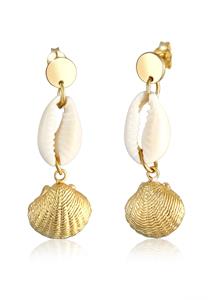 Elli, Ohrringe Hänger Kauri Muschel Maritim Plättchen 925 Silber in gold, Schmuck für Damen