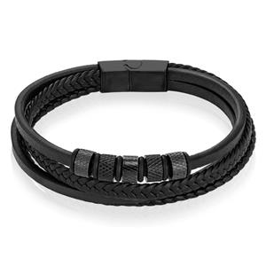 Mendes Leren Multi armband  RVS kralen Zwart-18.5cm