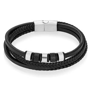 Mendes Leren Multi armband  RVS kralen Zwart Zilverkleurig-18.5cm