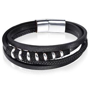 Mendes Leren armband  RVS kralen Touw Zwart Zilverkleurig-18.5cm