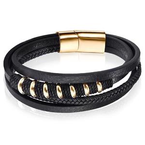 Mendes Leren armband  RVS kralen Touw Zwart Goudkleurig-20.5cm