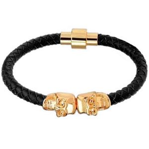 LGT JWLS LGT Jewels Leren armband Edelstaal Twin Skull Goudkleurig Zwart