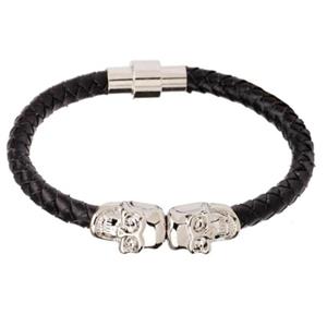 LGT JWLS LGT Jewels Leren armband Edelstaal Twin Skull Zwart Zilverkleurig