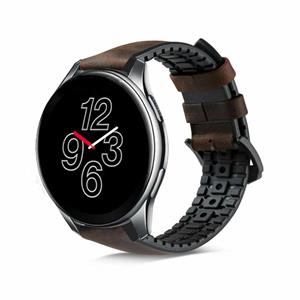 Strap-it OnePlus Watch siliconen / leren bandje (zwart/bruin)