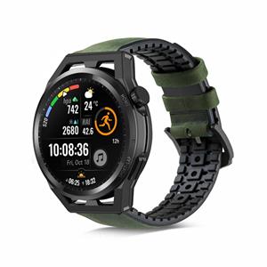 Strap-it Huawei Watch GT Runner siliconen / leren bandje (zwart/groen)