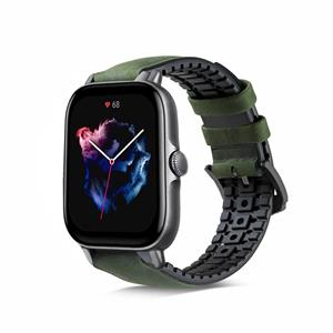 Strap-it Amazfit GTS 3 siliconen / leren bandje (groen)