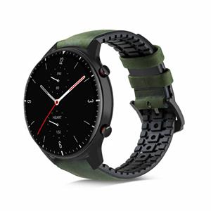 Strap-it Amazfit GTR 2 siliconen / leren bandje (zwart/groen)