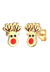 Elli Kindersteker Oorbellen Rendier Kerstmis Rood met Email in 925 Sterling Zilver Verguld