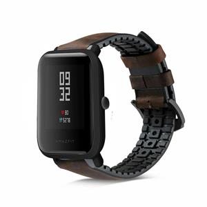 Strap-it Xiaomi Amazfit Bip siliconen / leren bandje (zwart-bruin)