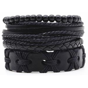 LGT JWLS Leren armbanden set met houten kralen zwart