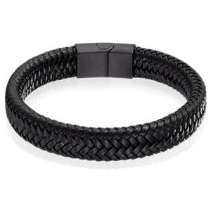 LGT JWLS Gevlochten Leren Armband Heren Edelstaal Sluiting Zwart-18.5cm