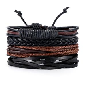 LGT JWLS Heren armbanden set gevlochten Leer Touw Bruin Zwart