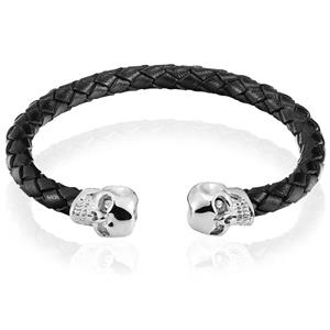 Tom Jaxon heren armband Leer Doodshoofd Zwart Zilver