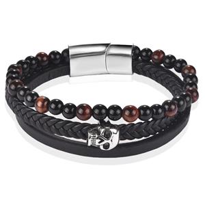 Memphis Heren armband  Tijgeroog Skull Gevlochten Leer Zwart Bruin-20.5cm