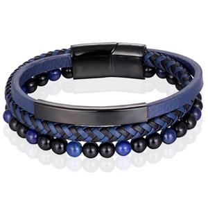 Memphis Heren armband  Tijgeroog kraal gevlochten leer Zwart Blauw - 19cm