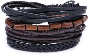 LGT JWLS Leren armbanden set met houten kralen zwart bruin