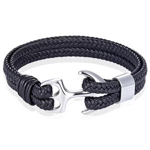 Tom Jaxon Heren armband Anker gevlochten Leer Zilverkleurig Zwart - 20cm