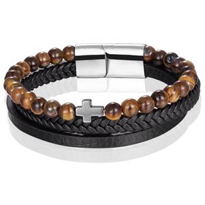 Memphis Heren armband  Tijgeroog kraal gevlochten leer Kruis Zilverkleurig Bruin Zwart - 21cm