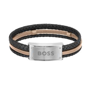 Hugo Boss BOSS GALEN Lederen Armband Zwart met Bruin 19 cm | Graveren Mogelijk!