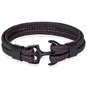 Tom Jaxon Heren armband Anker gevlochten Leer Zwart Bruin - 18cm