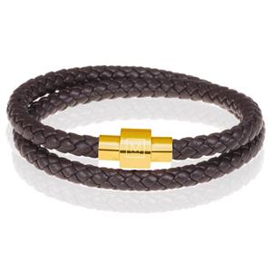 Memphis leren wrap armband Donkerbruin Goud-24cm