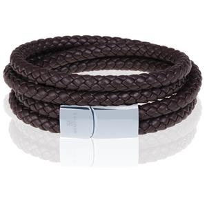 Memphis dubbele wrap armband Leer Bruin Zilver-22cm