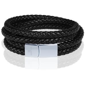 Memphis dubbele wrap armband Leer Zwart Zilver-23cm