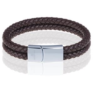 Memphis dubbele leren armband Bruin Zilver-24cm